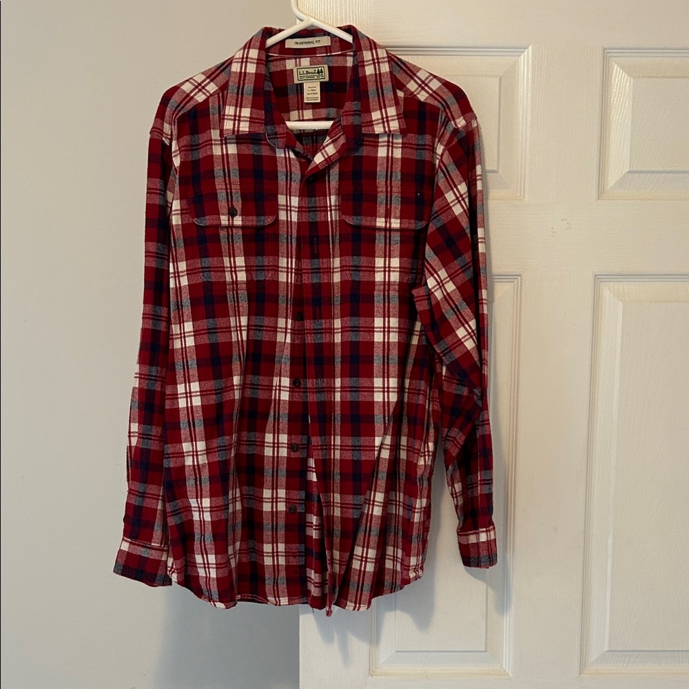 L.L. Bean Men's Red and White Plaid Flannel Shirt